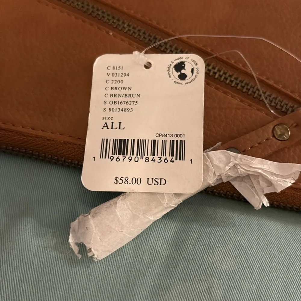NWT Free People Distressed Wallet Wristlet Faux-Leather Brown Slim Studs Vegan